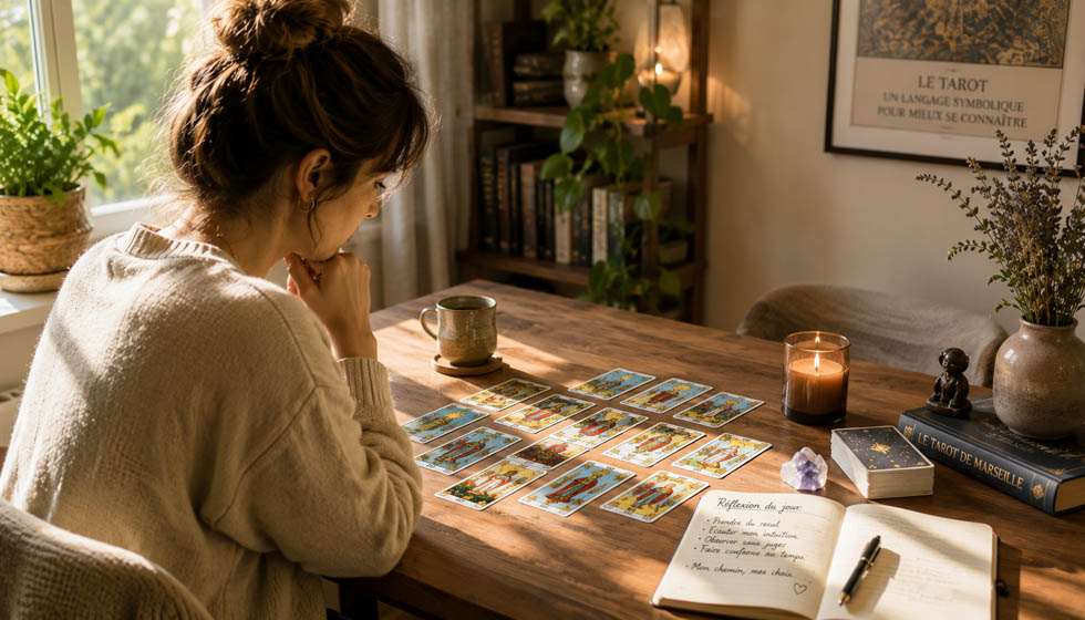 Personne observant un tirage du Tarot de Marseille dans une démarche de réflexion personnelle et de prise de recul.