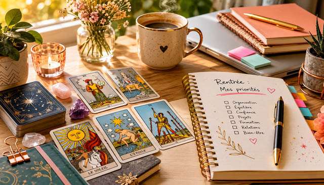Jeu de tarot posé sur un bureau prêt pour la rentrée professionnelle