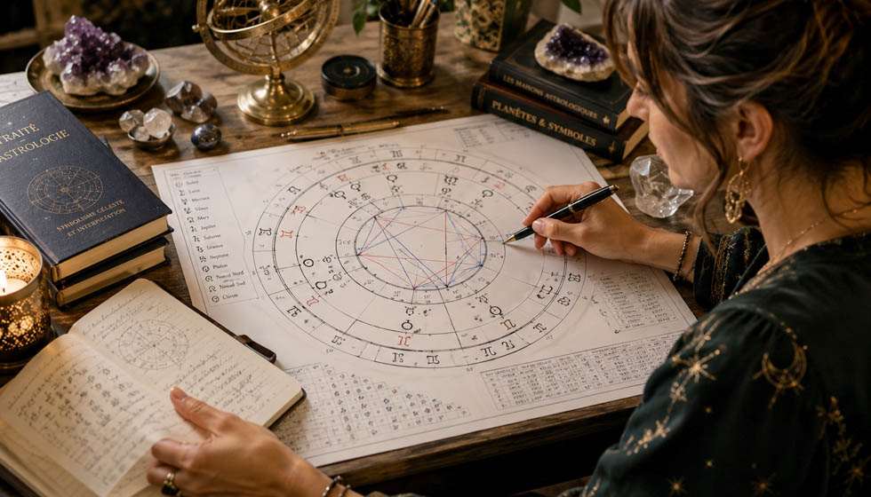 Astrologue analysant un thème astral détaillé sur une grande carte céleste