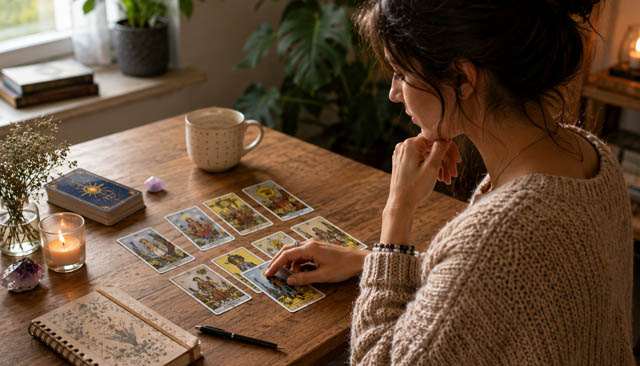 Personne réalisant un tirage de tarot seule à une table dans une ambiance apaisante