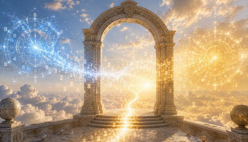 Arche lumineuse reliant deux cercles de géométrie sacrée dans un décor mystique