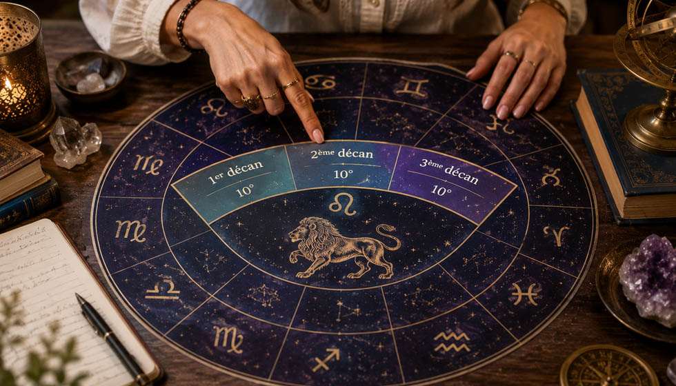 Carte astrologique montrant la division d'un signe en trois décans