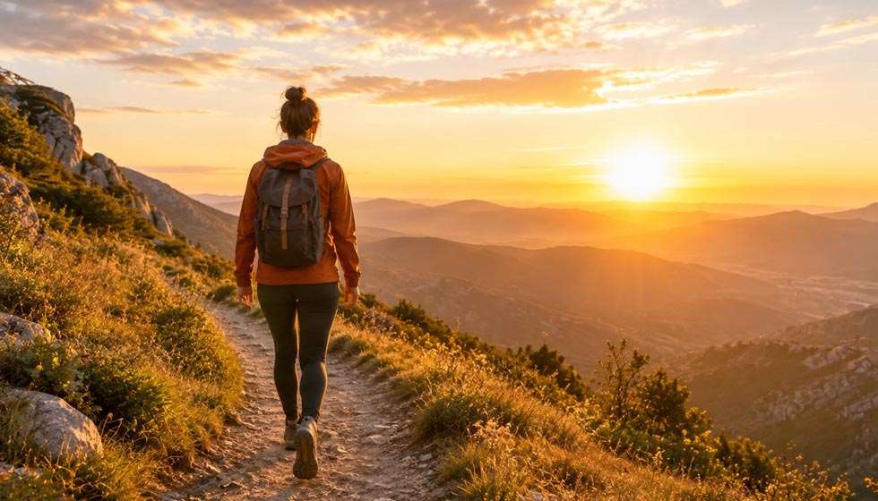 Personne marchant sereinement sur un sentier au lever du soleil, symbole d'une action consciente