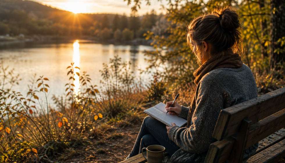 Personne écrivant dans un carnet en extérieur après une intuition, dans une ambiance sereine