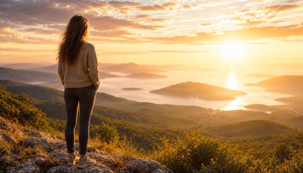 Personne contemplant l'horizon au lever du soleil, symbole de confiance en soi et d'ouverture aux autres.