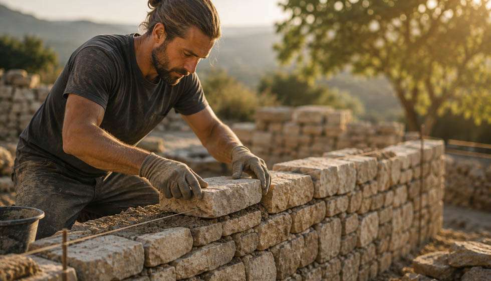 Un artisan pose soigneusement une pierre sur un muret en construction, symbole de patience et de travail durable