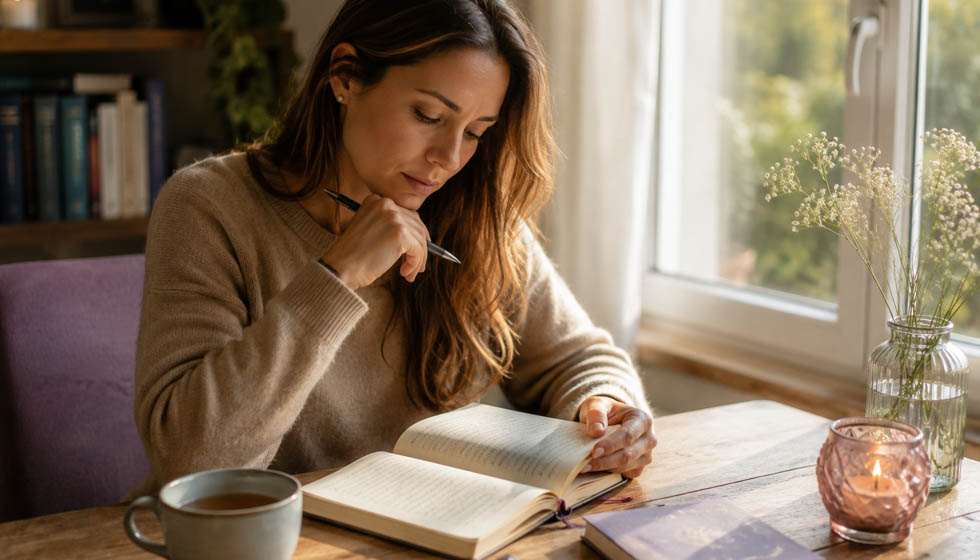 Consultante relisant calmement les notes prises après une consultation de voyance