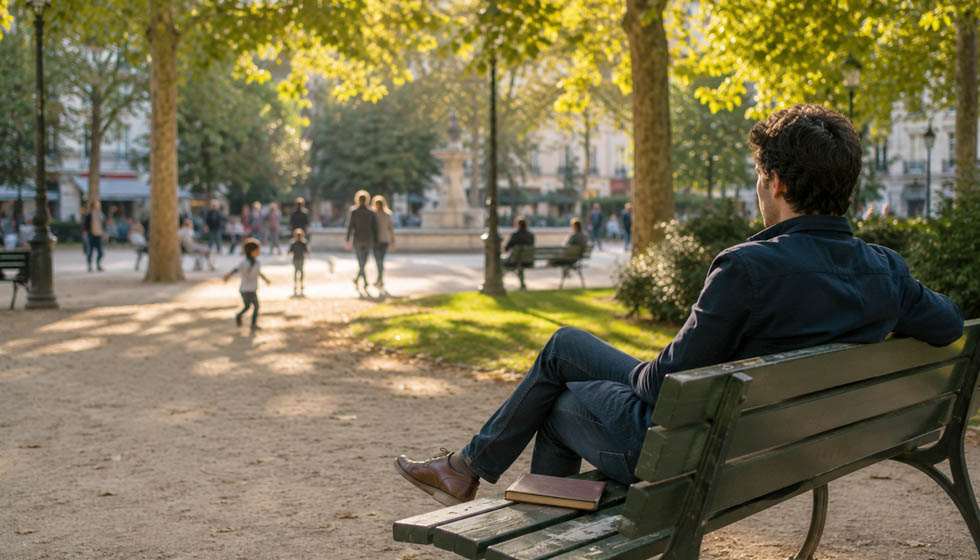 Personne observant calmement une situation avant de prendre une décision