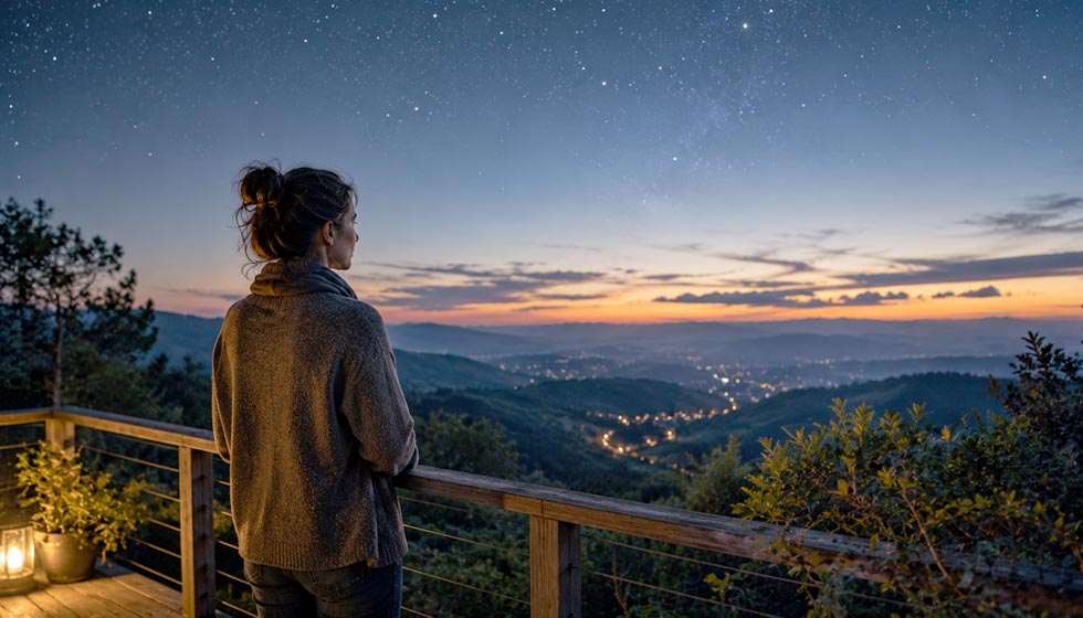 Personne observant un ciel étoilé depuis une terrasse au crépuscule dans une ambiance sereine