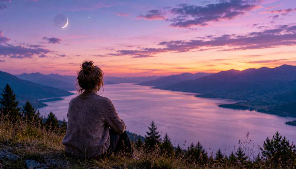 Personne contemplant un paysage au crépuscule pendant l'éclipse lunaire en Poissons