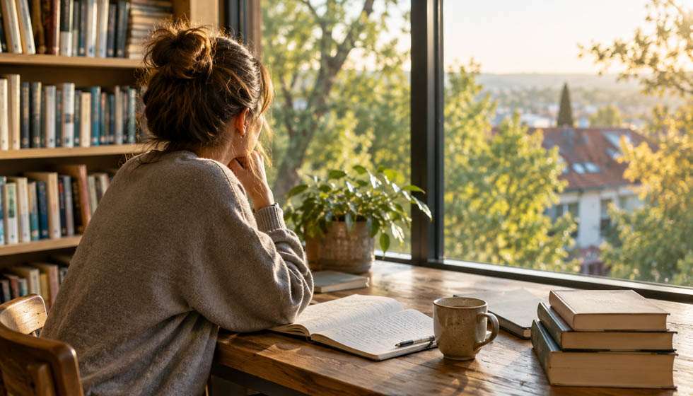 Personne réfléchissant avant une décision importante dans un environnement calme et lumineux