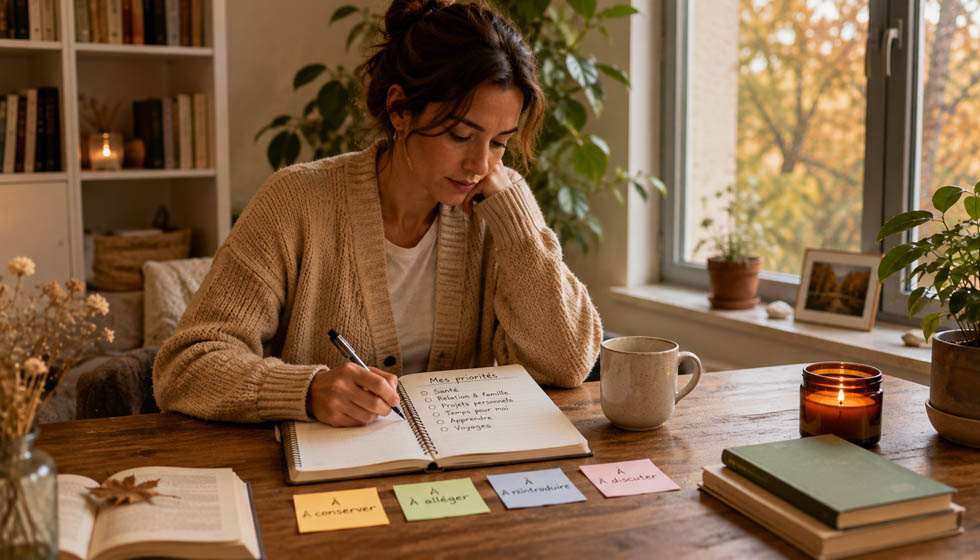 Personne faisant calmement le bilan de ses priorités dans une ambiance automnale
