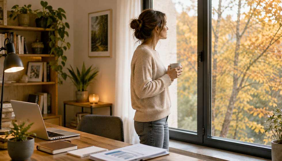 Personne faisant une pause près d'une fenêtre après une journée de travail en automne