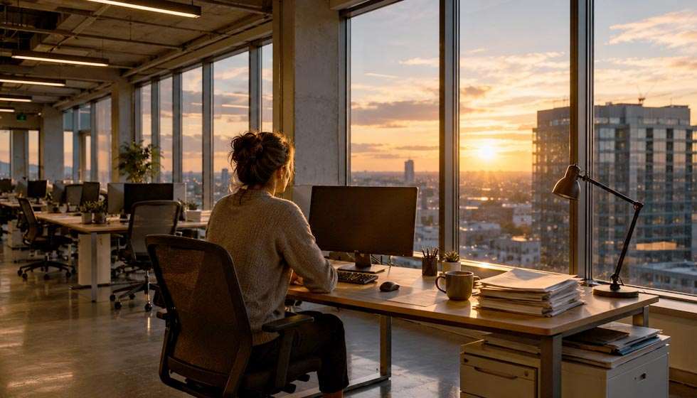 Personne assise seule dans un bureau moderne en fin de journée, le regard perdu, traduisant une fatigue émotionnelle