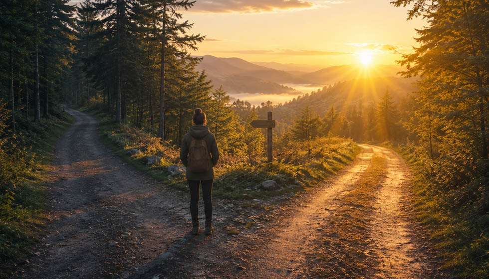 Personne arrivant à une bifurcation de sentiers au lever du jour