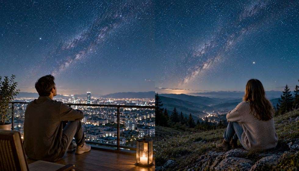 Deux personnes observant le ciel depuis des lieux différents, symbolisant des parcours de vie distincts