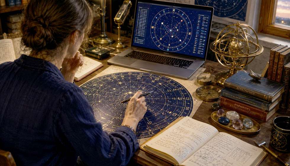 Astrologue étudiant les mouvements des planètes sur une carte du ciel