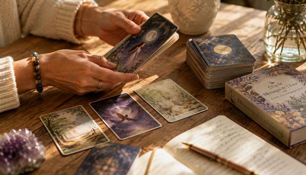 Des mains feuillettent lentement un jeu d'oracle richement illustré à la lumière du jour