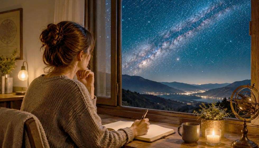 Personne observant un ciel étoilé tout en réfléchissant à son parcours de vie