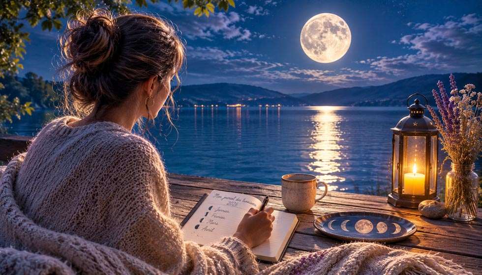 Personne écrivant dans un carnet au bord d'un lac sous une Pleine Lune lumineuse