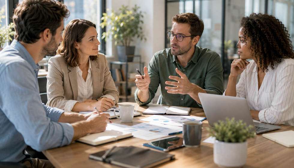 Plusieurs collègues échangeant autour d’une table lors d’une réunion collaborative et constructive.