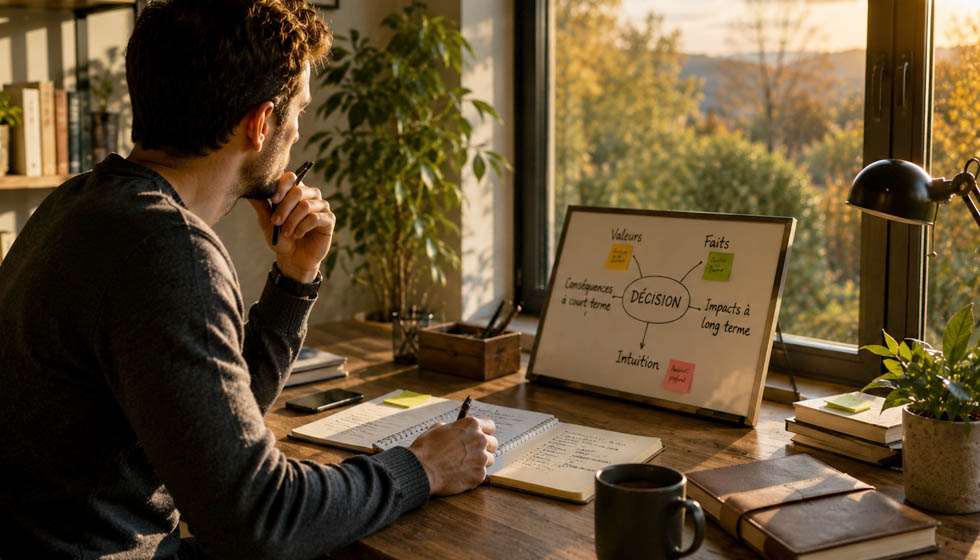 Personne écrivant dans un carnet face à une fenêtre, symbole d'une réflexion profonde sous Mercure en Scorpion