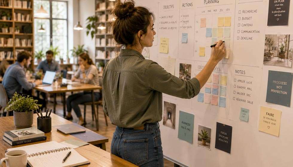 Personne planifiant un projet sur un tableau d'organisation dans un espace de coworking pendant le transit de Mercure en Vierge