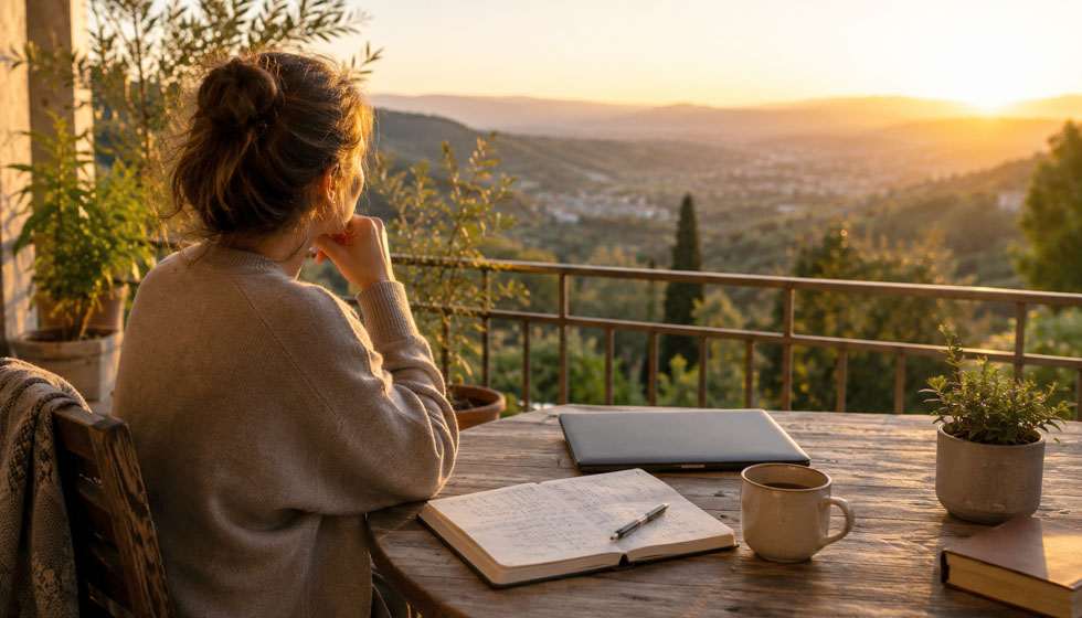 Personne contemplant un nouvel horizon professionnel dans un paysage lumineux symbolisant une évolution progressive