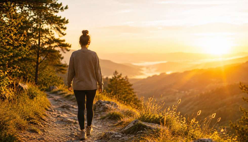 Personne contemplant un horizon au lever du soleil, symbole d'un changement de vie progressif guidé par l'intuition