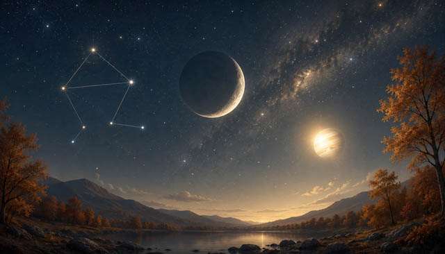 Croissant de Nouvelle Lune dans un ciel nocturne au-dessus d'un paysage automnal, évoquant le nouveau cycle de la Nouvelle Lune en Balance.