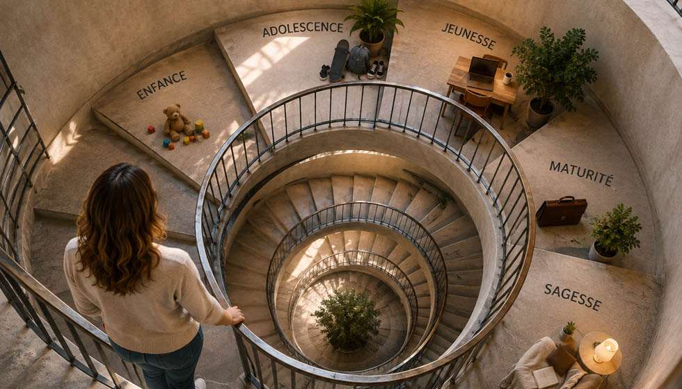 Escalier circulaire représentant les différentes étapes d'un cycle de vie