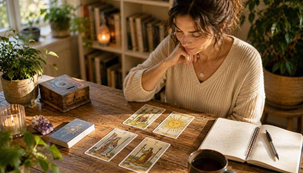 Personne observant attentivement plusieurs cartes de tarot disposées sur une table avant de prendre des notes