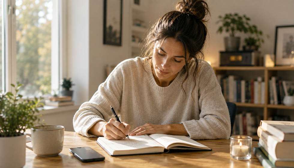 Personne notant dans un carnet ses intuitions avant de vérifier si un message arrive