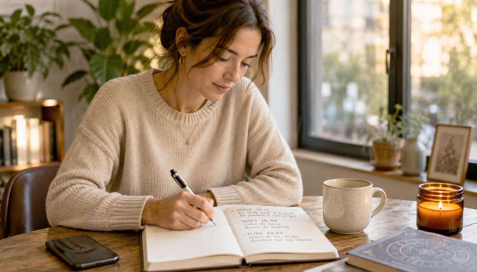 Personne prenant du recul dans un carnet après avoir remarqué des nombres répétitifs