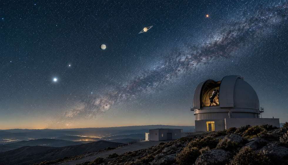 Représentation réaliste d'un ciel nocturne illustrant les grands cycles des planètes lentes
