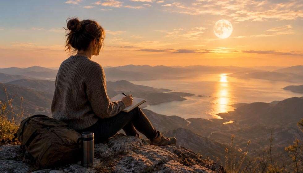 Personne observant un paysage avec un carnet avant de prendre une décision
