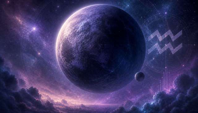 Planète Pluton dans un ciel étoilé aux teintes bleues et violettes, symbolisant son retour en mouvement direct en Verseau et les transformations durables qu'il accompagne.