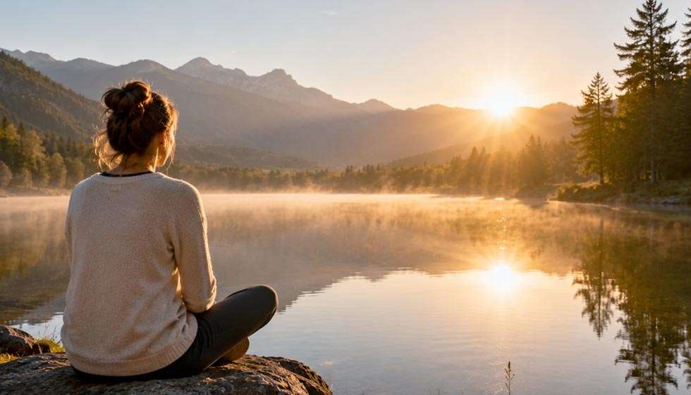 Personne méditant tranquillement au bord d'un lac au lever du jour