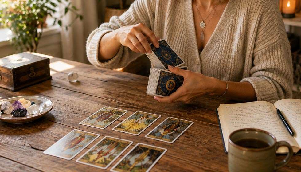 Personne mélangeant doucement un jeu de tarot dans un environnement calme