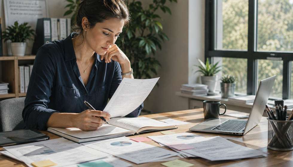 Une personne travaille seule devant un bureau couvert de documents en prenant le temps de réfléchir