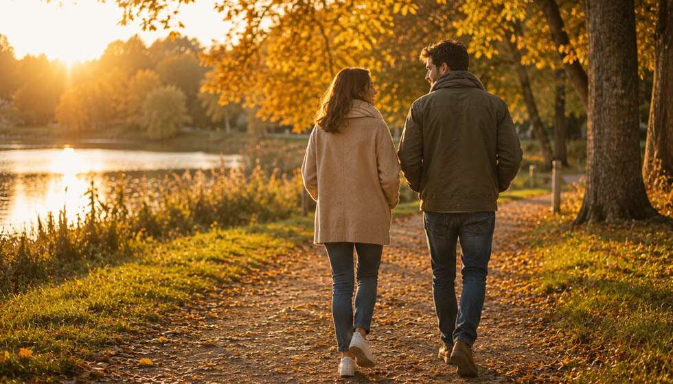 Deux personnes discutant paisiblement dans un parc au coucher du soleil, symbole d'une relation plus équilibrée