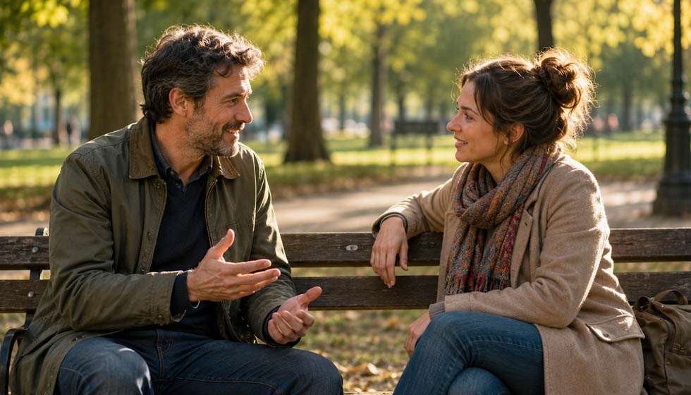 Deux personnes échangent avec bienveillance sur un banc dans un parc, illustrant une rencontre inspirante