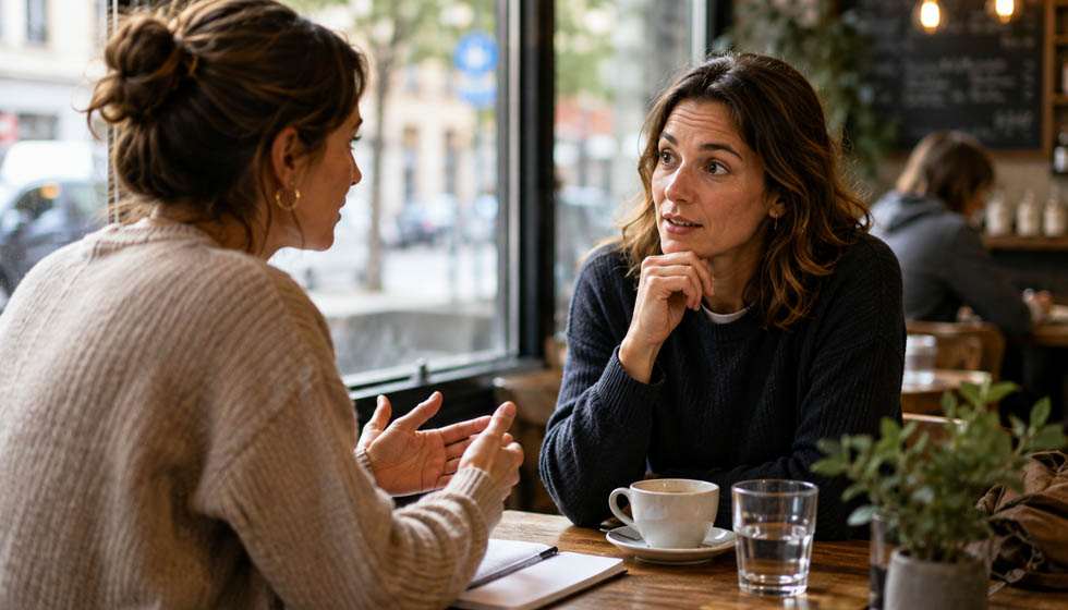 Deux personnes échangeant naturellement lors d'une rencontre inattendue dans un café lumineux