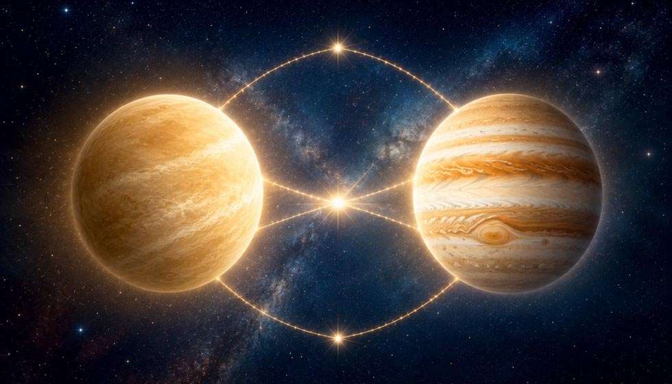 Deux sphères lumineuses se rapprochant dans un ciel étoilé pour illustrer le sextile entre Vénus et Jupiter.