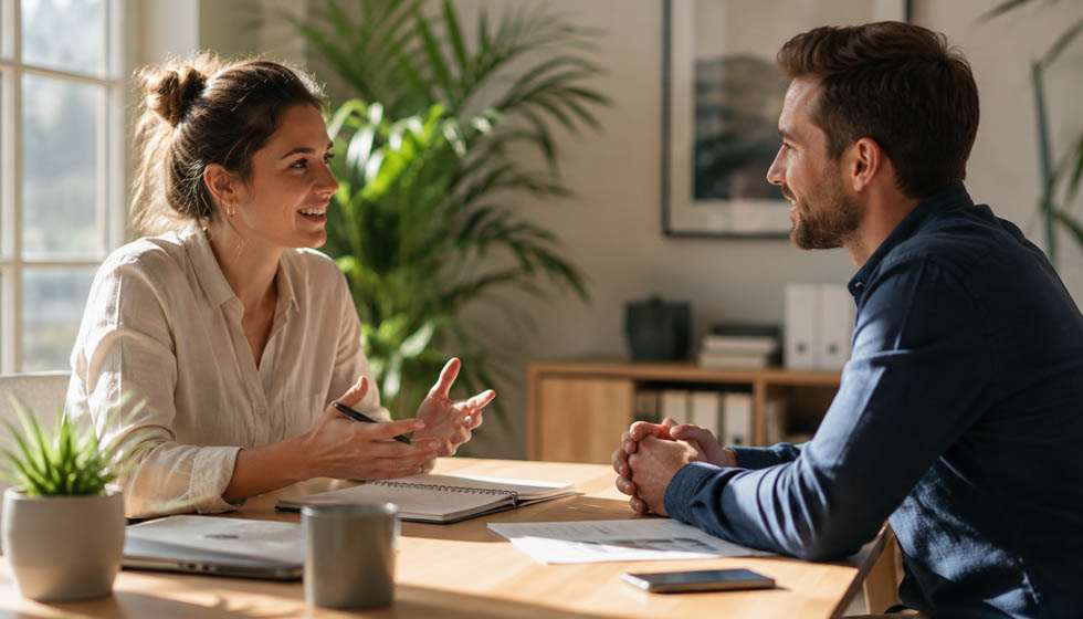 Deux personnes échangeant calmement autour d'une table dans une ambiance lumineuse et apaisée, symbole du dialogue sous le Soleil en Balance