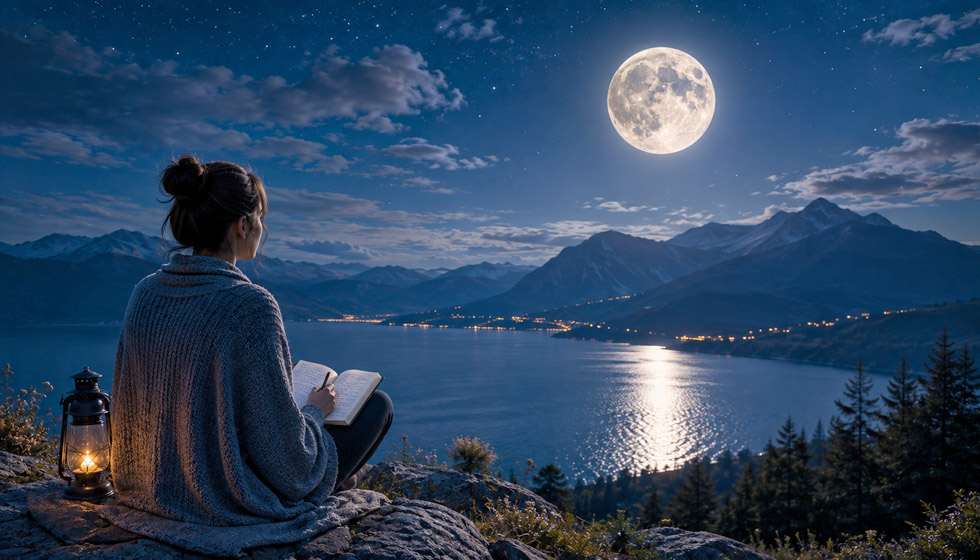 Personne consultant un carnet de notes face à un paysage nocturne éclairé par la Pleine Lune