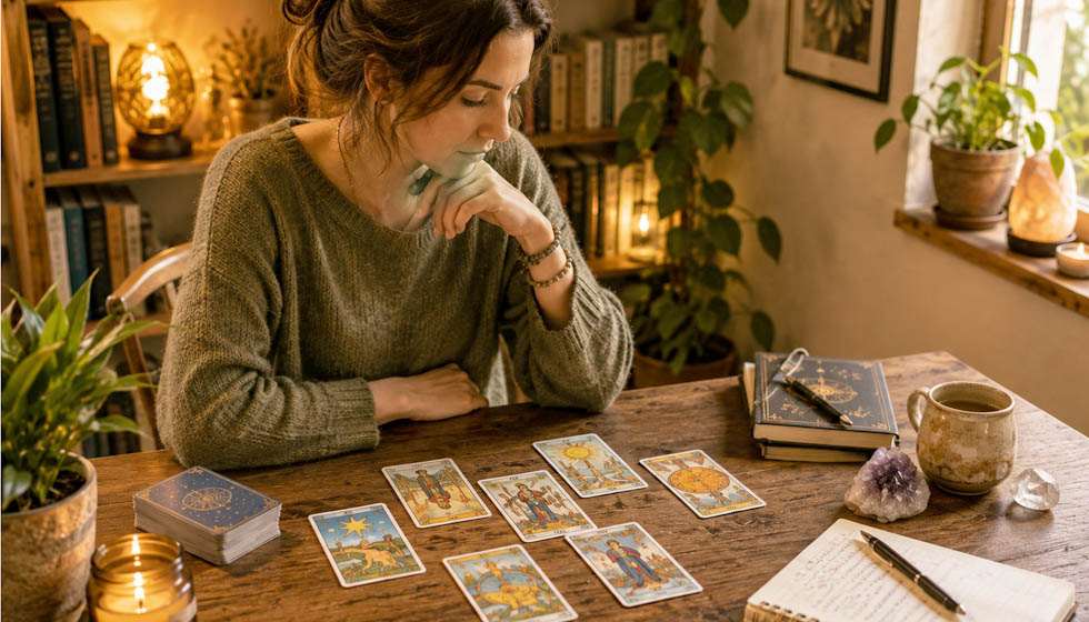 Personne observant calmement un tirage de tarot dans une atmosphère paisible et lumineuse