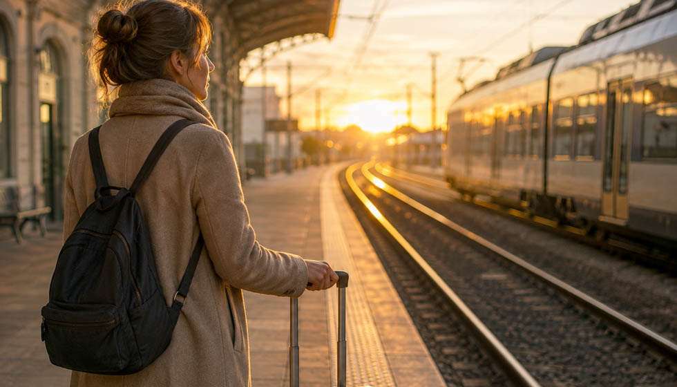 Une femme contemple un lever de soleil depuis un quai de gare, symbole d'un nouveau chapitre de sa vie