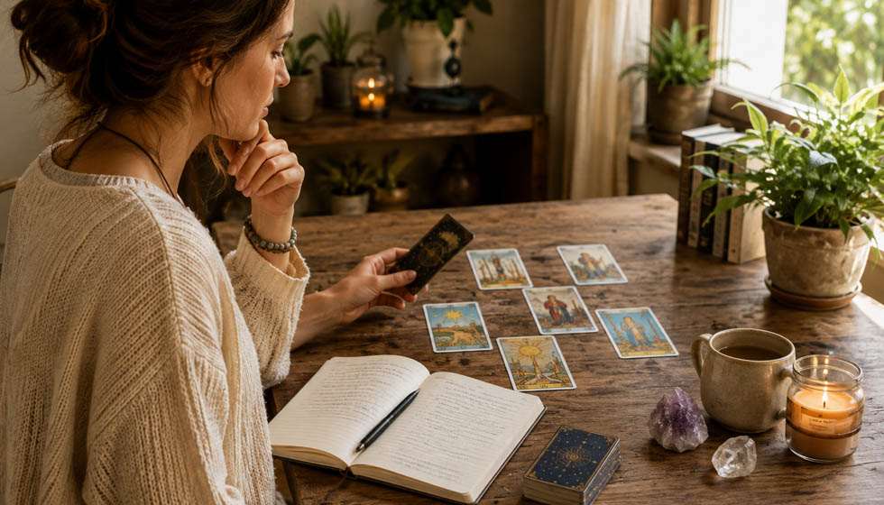 Personne réalisant un tirage de guidance sans question précise dans une ambiance calme et lumineuse
