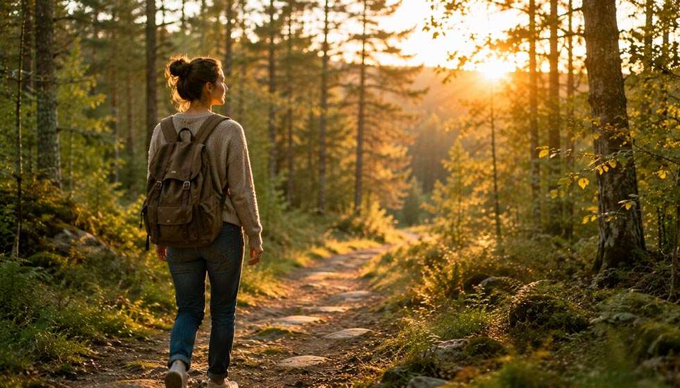 Personne seule marchant lentement dans une forêt baignée par la lumière de fin de journée